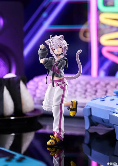 hololive production figma Nekomata Okayu Figure with lavender hair, cat ears and tail wearing her signature black purple and white outfit