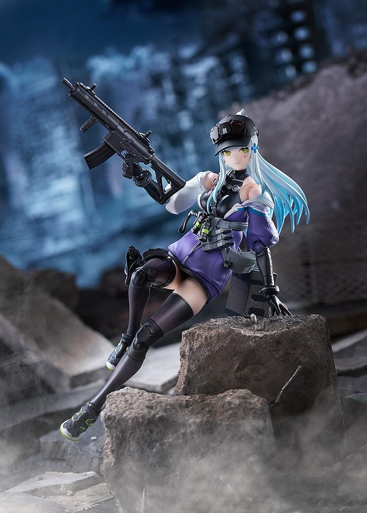 Girls' Frontline 2 Exilium figma Klukai Figure featuring Klukai with light blue hair, tactical outfit, purple jacket, weapon accessory, and futuristic gear details.