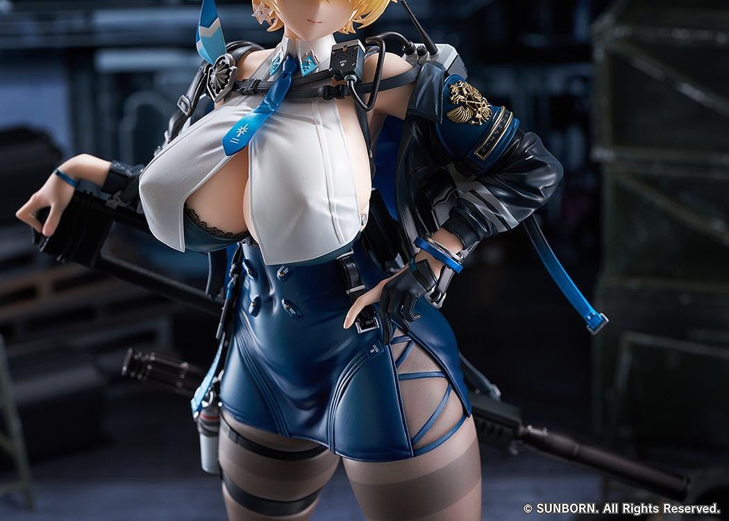 Girls' Frontline 2 Exilium Nikketa 1/6 Scale Figure with blonde hair, blue tactical outfit, weapon accessory styling, stockings, and display base