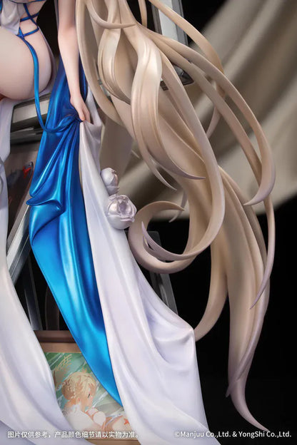 Azur Lane Formidable Anniversary Memories Ver. 1/7 Scale Figure featuring Formidable with long blonde hair, blue-and-white outfit, elegant seated pose, and mirror-style display base.