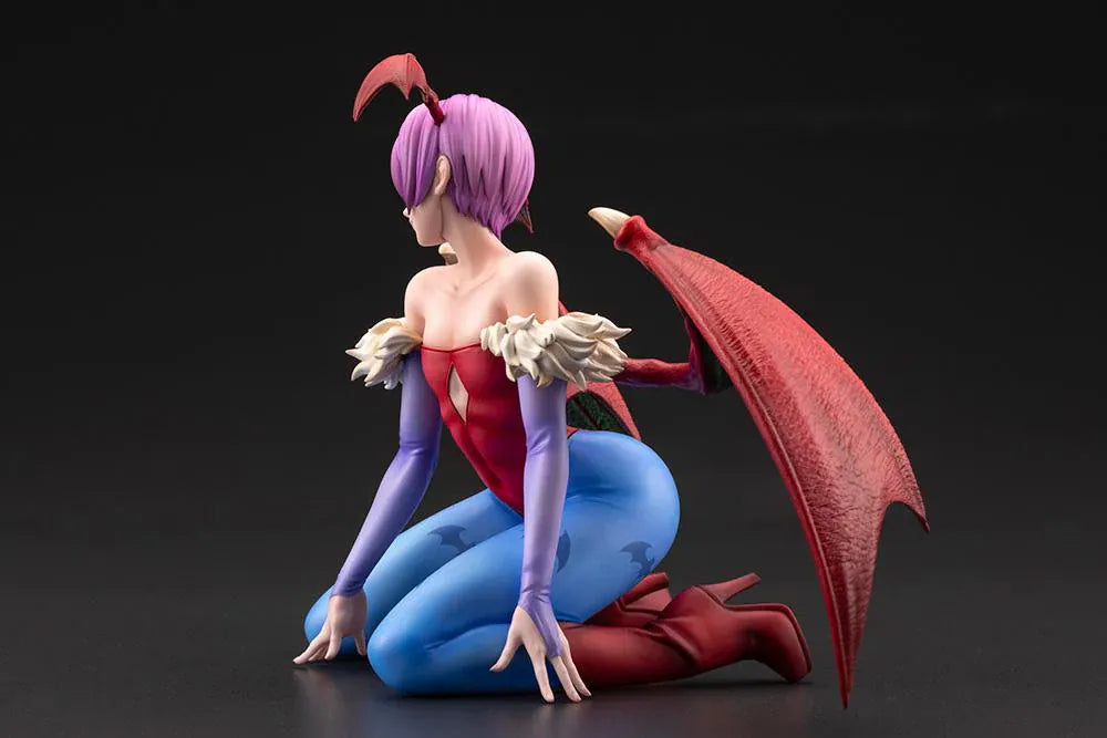 Darkstalkers Lilith 1/7 Scale Figure featuring Lilith with purple hair, bat wing accents, red-and-blue outfit details, and a playful seated pose.