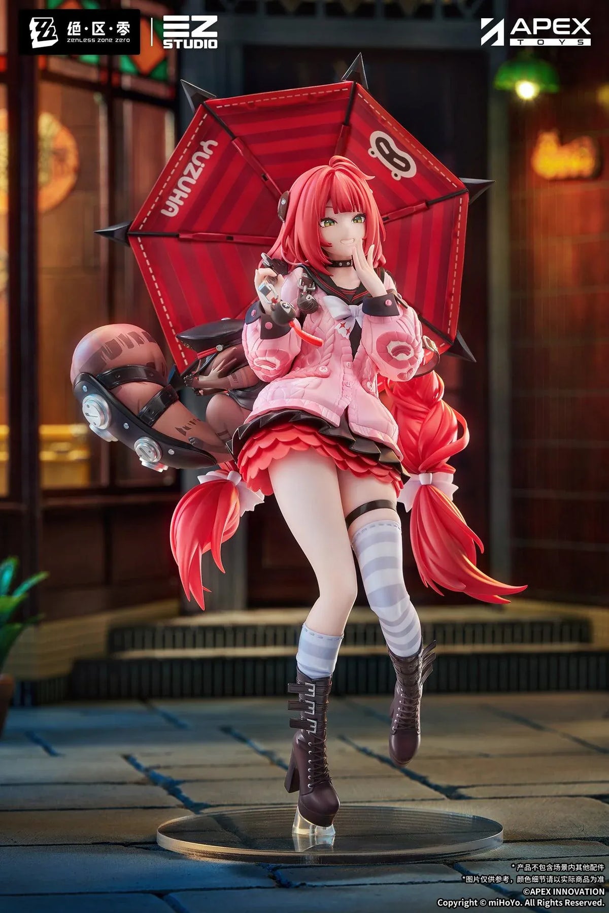Zenless Zone Zero Yuzuha Ukinami 1/7 Scale Figure by APEX Toys featuring a red-haired anime girl with long braided twin-tails, green eyes, a pink jacket, layered red skirt, striped thigh-high stockings, and black boots while holding a large red umbrella on a circular display base.