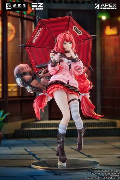 Zenless Zone Zero Yuzuha Ukinami 1/7 Scale Figure by APEX Toys featuring a red-haired anime girl with long braided twin-tails, green eyes, a pink jacket, layered red skirt, striped thigh-high stockings, and black boots while holding a large red umbrella on a circular display base.