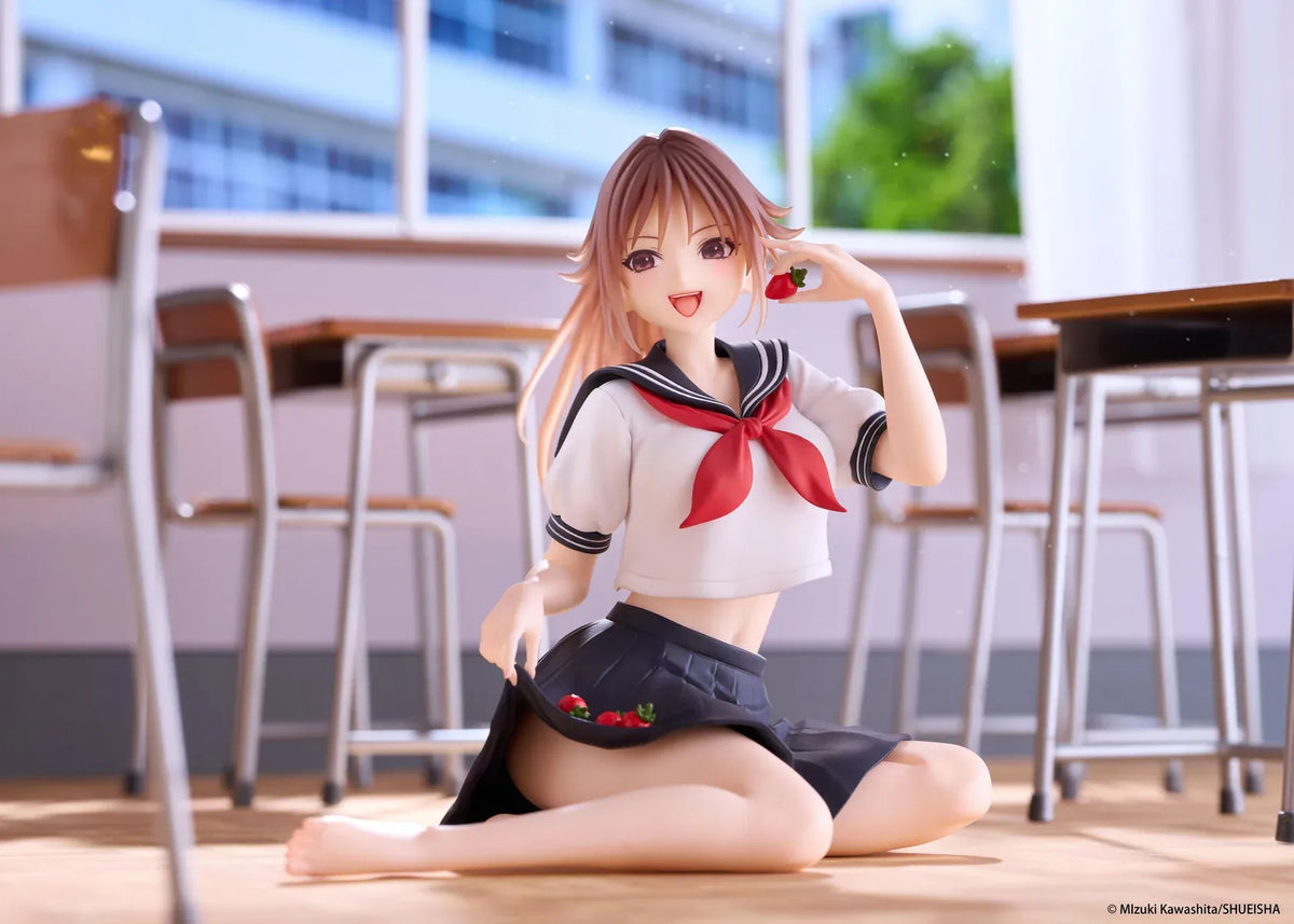 Desktop Cute Satsuki Kitaoji School Uniform Ver. figure seated with a brown ponytail, white and navy sailor uniform, and a strawberry held beside her smiling face.