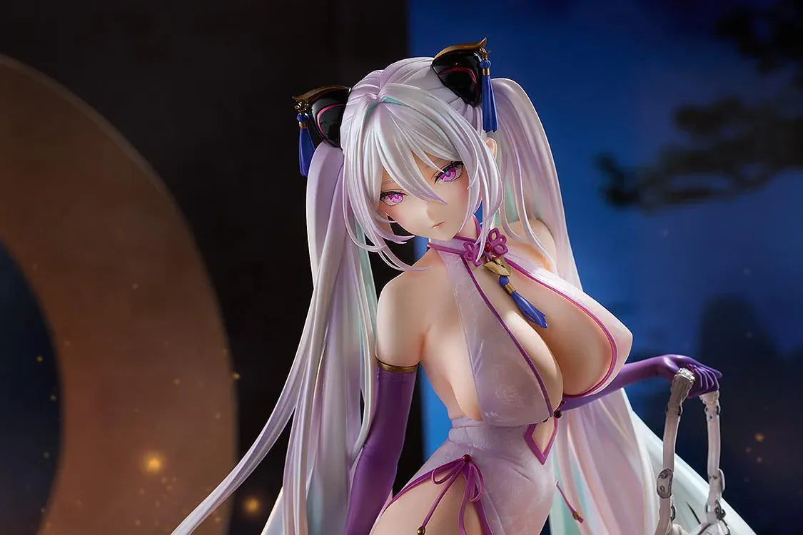 Azur Lane Kearsarge Springtime Monitoring 1/6 Scale Figure featuring long silver hair, an elegant white and purple outfit, handbag, and high heels
