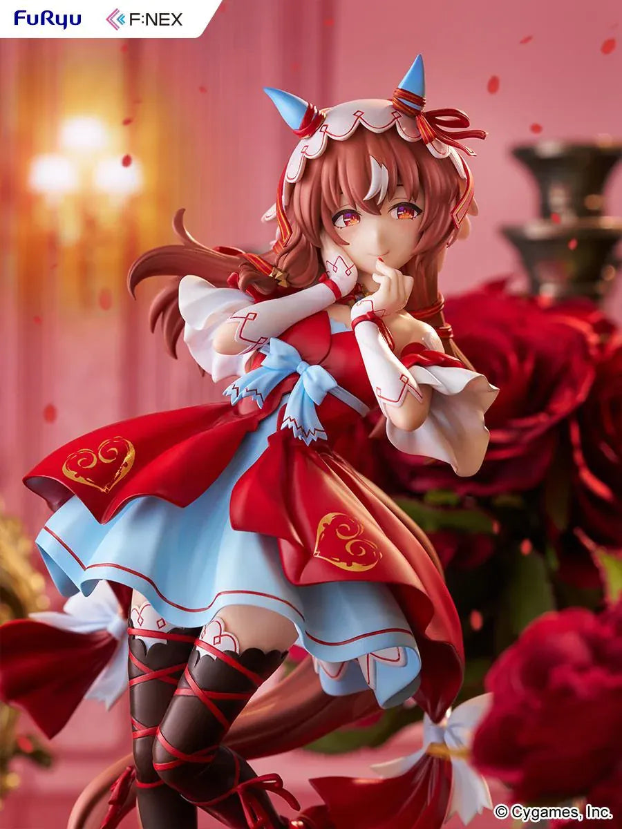 Umamusume Pretty Derby Still in Love 1/7 scale figure in a red and blue performance outfit on a heart-shaped display base