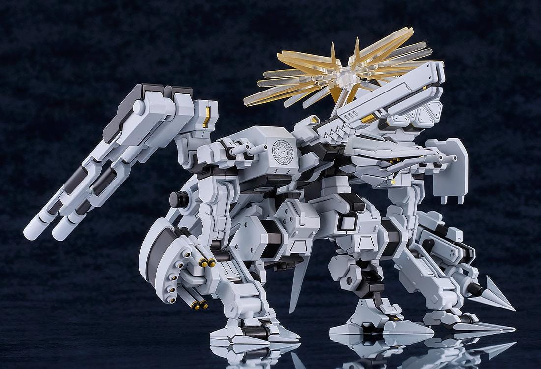 Blue Archive MODEROID Daath Model Kit featuring a white and black armored mecha design with gold effect parts and detailed mechanical styling