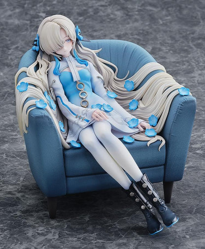 Isekaijoucho Universal Body Nemophila 1/7 scale figure sitting on blue chair with flowing silver hair and blue flower petals