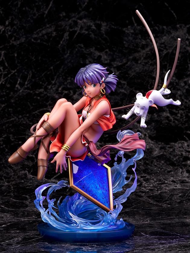 Nadia 1/7 scale figure in a red outfit with purple hair, a white lion companion, flowing ribbons, and swirling blue water effects.