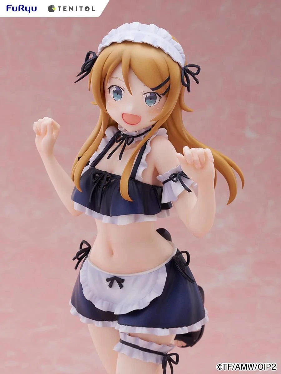 Oreimo Tenitol Tall Kirino Kousaka Swimsuit Maid Ver. Figure featuring Kirino in a navy and white maid swimsuit posing energetically by a beachside dessert setup