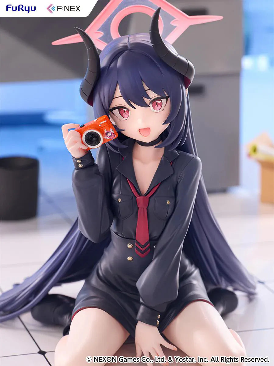 Blue Archive Chiaki Memorial Lobby Ver. 1/7 Scale Figure seated with dark outfit, horn details, pink halo, and camera accessory