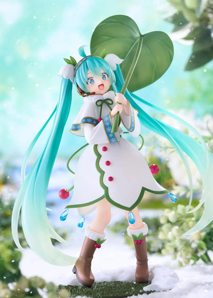 Snow Miku All Stars 2015 Ver. AMP+ figure wearing a white flower-inspired dress and holding an oversized green leaf.