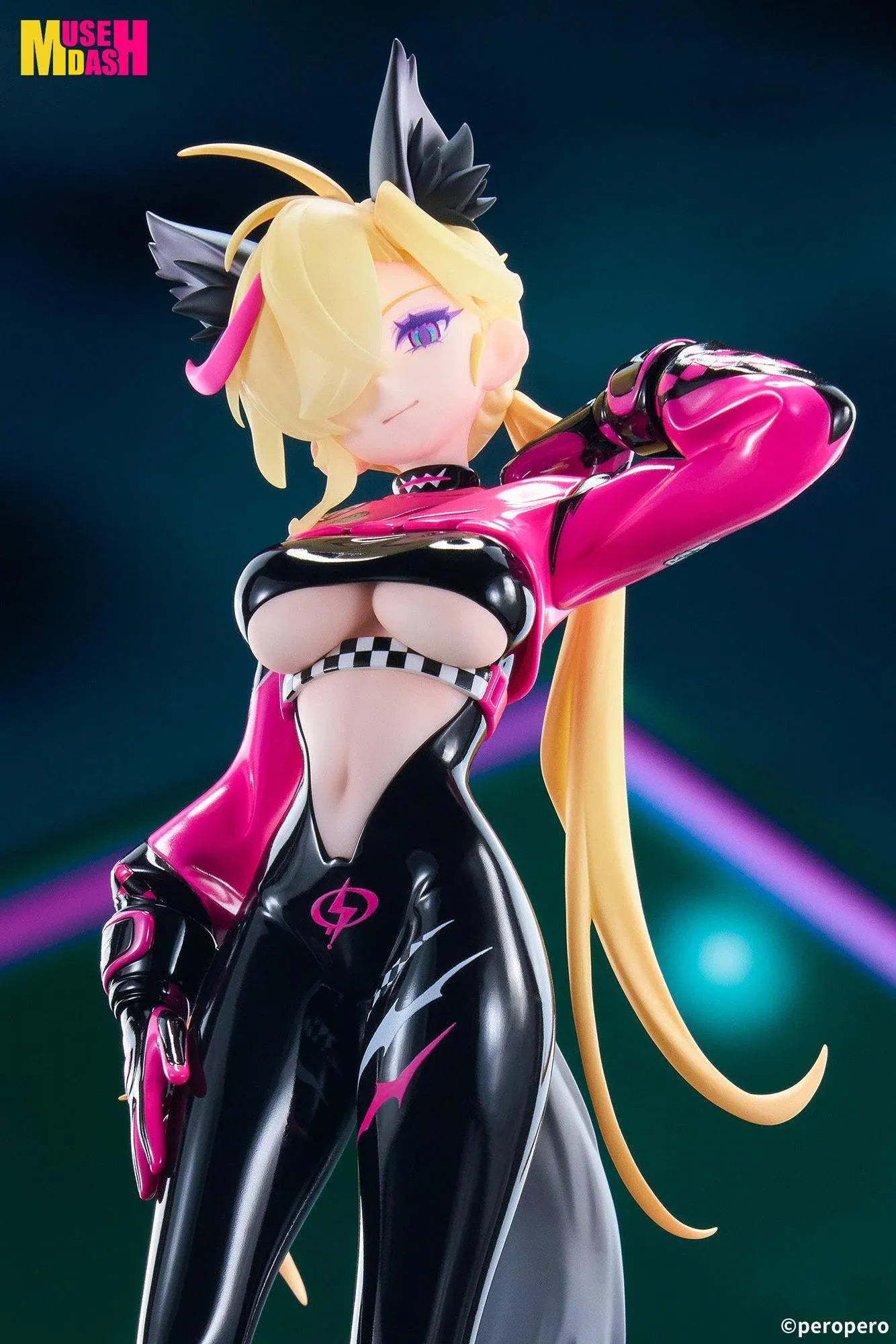 Muse Dash LIMEPIE Rin Racer 1/8 scale figure wearing a glossy black-and-pink racing outfit.