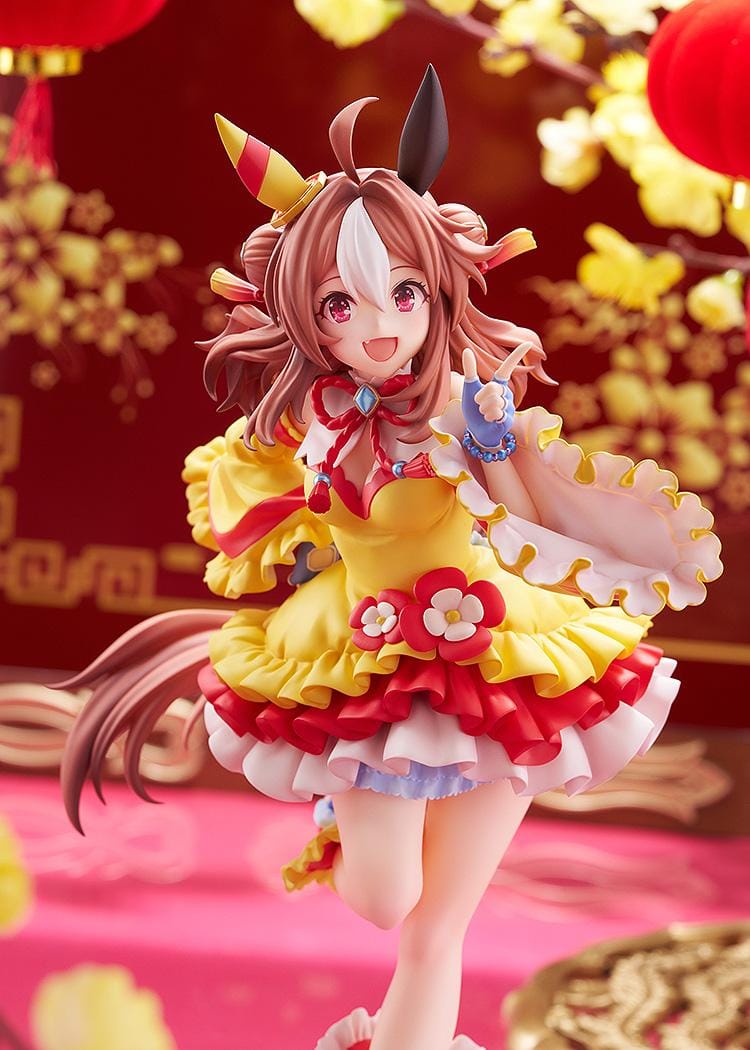 Umamusume Pretty Derby Copano Rickey Signature Racewear Ver. 1/7 Scale Figure featuring Copano Rickey in a yellow and red racewear outfit with horse ears, tail, and themed display base.