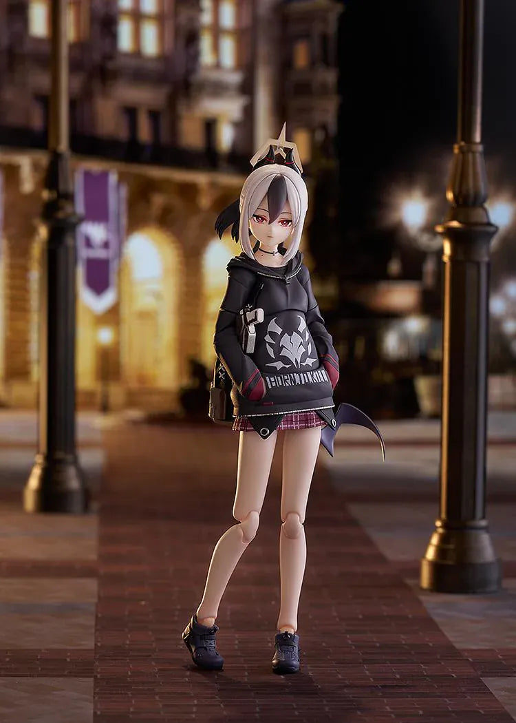 Blue Archive figma Kayoko Onikata Figure with black hoodie, plaid skirt, two-tone hair, halo detail, and tail