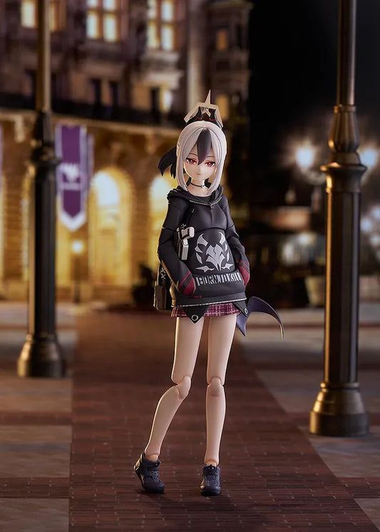 Blue Archive figma Kayoko Onikata Figure with black hoodie, plaid skirt, two-tone hair, halo detail, and tail