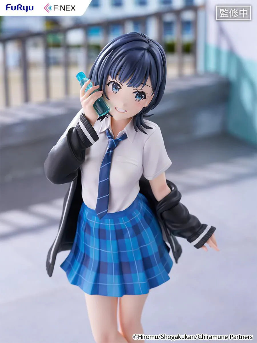 Chitose Is in the Ramune Bottle Yuzuki Nanase 1/7 Scale Figure with short dark hair, blue plaid skirt, school uniform outfit, drink bottle accessory, and display base