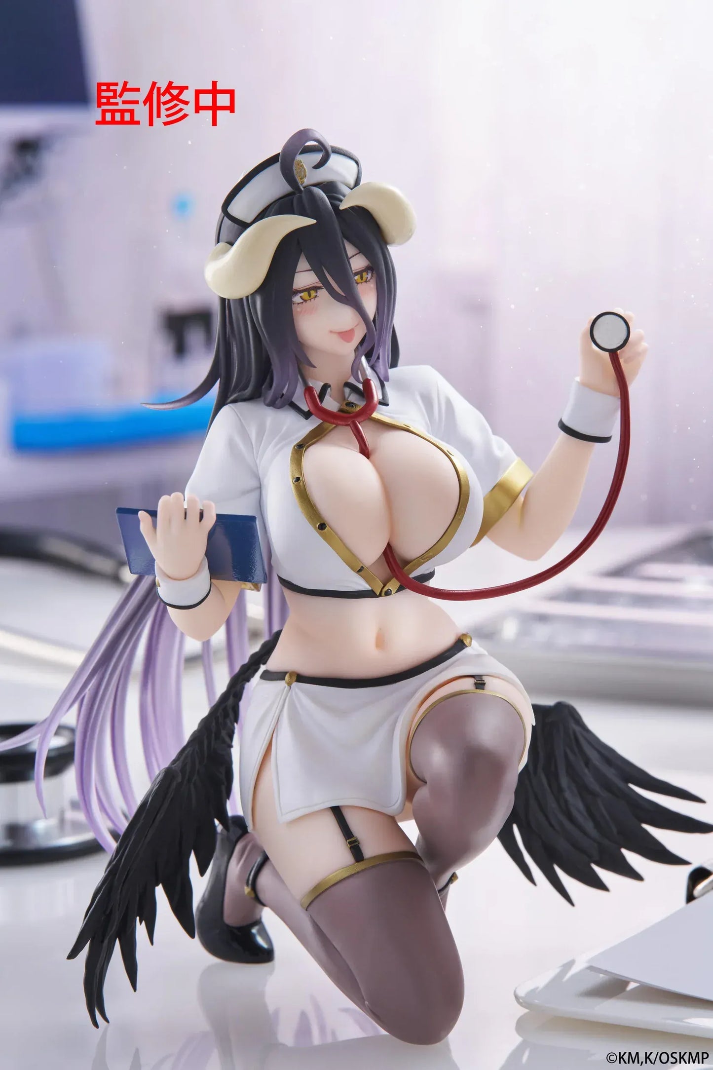 Overlord Desktop Cute Albedo (Nurse Ver.) Figure featuring Albedo in a white nurse outfit with wings, stethoscope, and elegant smile.