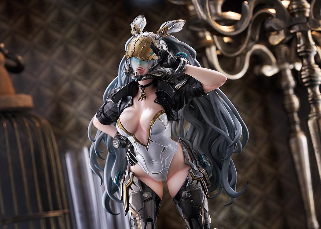 The First Descendant Ultimate Bunny 1/7 Scale Figure with futuristic armor, masked headpiece, long hair, and black silver gold battle suit