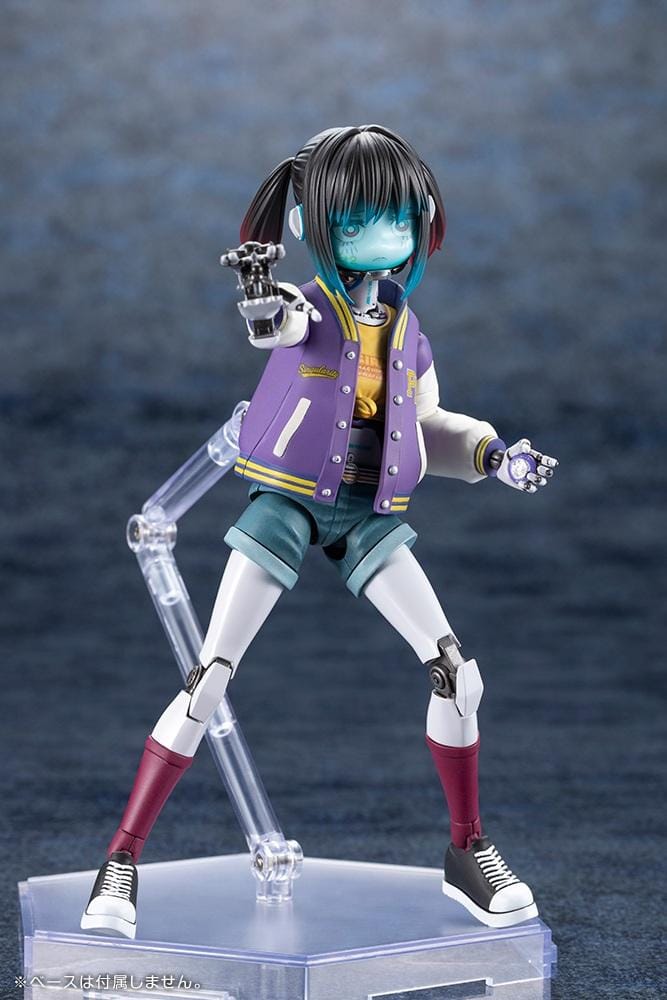 Milky Subway The Galactic Limited Express Makina Model Kit Figure featuring a robotic anime girl with black twin-tail hair, a blue-tinted face, a purple varsity jacket with white sleeves, denim shorts, mechanical arms and legs, burgundy socks, and black-and-white sneakers.