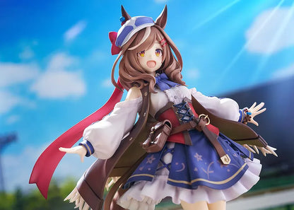 Umamusume Pretty Derby Matikanetannhauser 1/7 scale rerelease figure in a blue-and-red outfit with a flowing cape and themed display base.