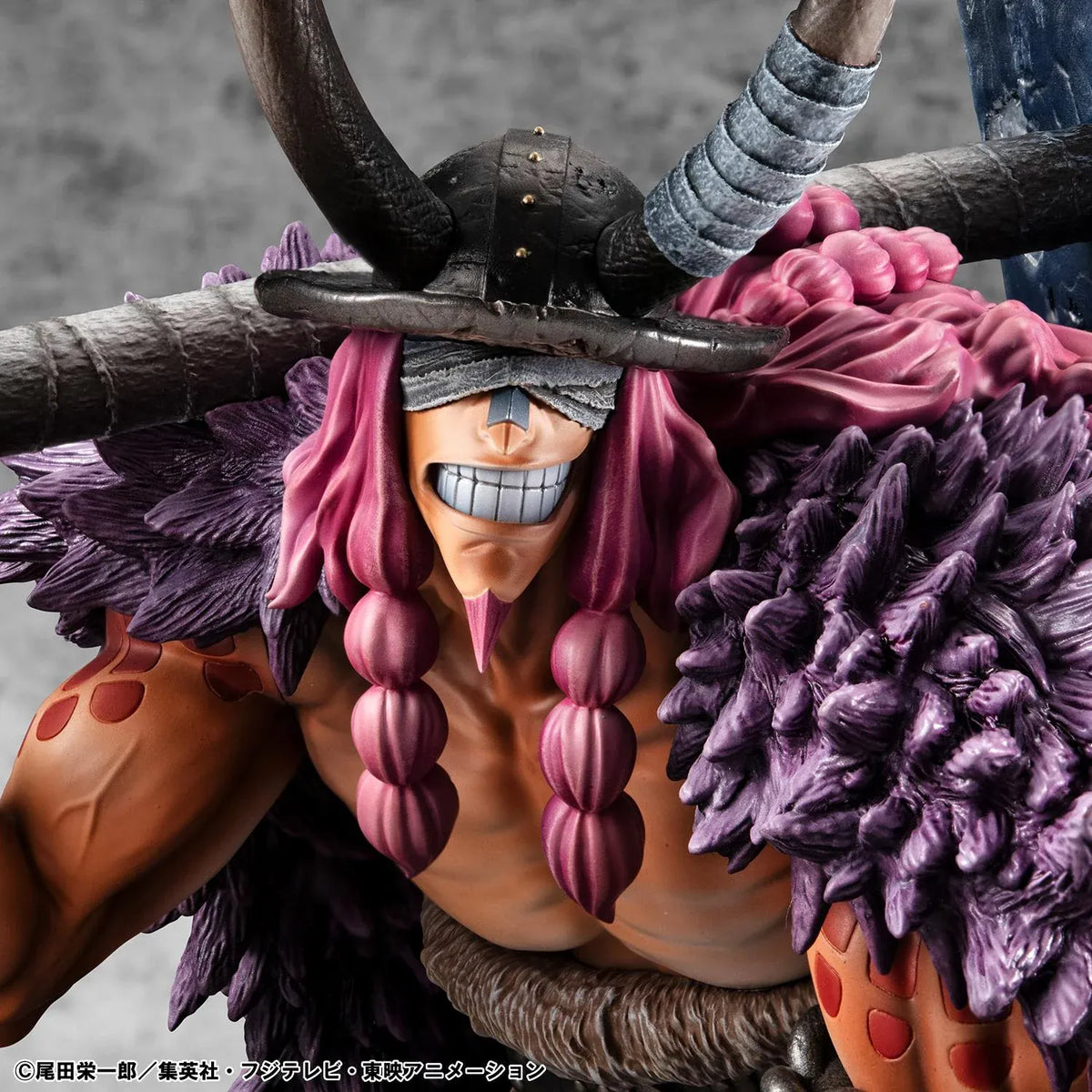 One Piece Portrait of Pirates ELB-Maximum Loki figure crouching with a massive hammer, horned helmet, pink braids, purple cloak, and chains on a rocky base.