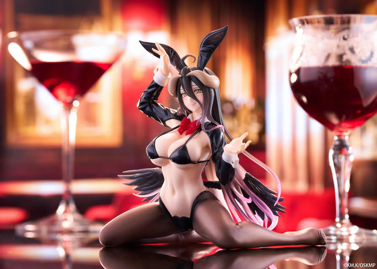 Albedo MOFLOCK Reverse Bunny Suit figure wearing a glossy black outfit with bunny ears, sheer stockings, horns, and black wings.