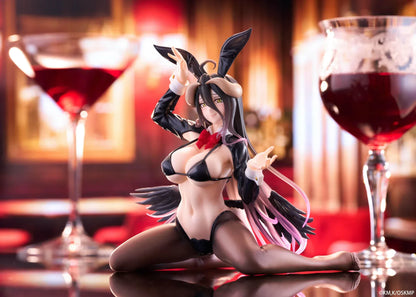Albedo MOFLOCK Reverse Bunny Suit figure wearing a glossy black outfit with bunny ears, sheer stockings, horns, and black wings.