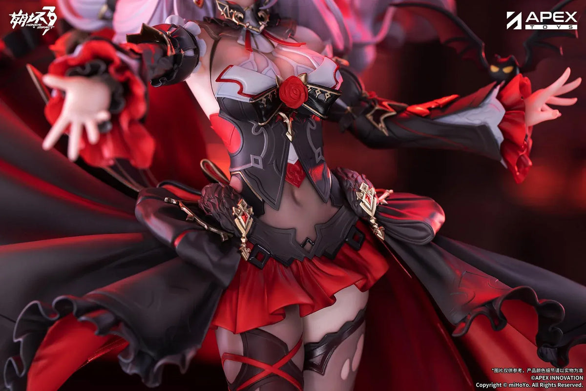 Honkai Impact 3rd Lunar Vow Crimson Love 1/7 scale figure with pale lavender hair, a black-and-red outfit, a small bat, and broken stonework.