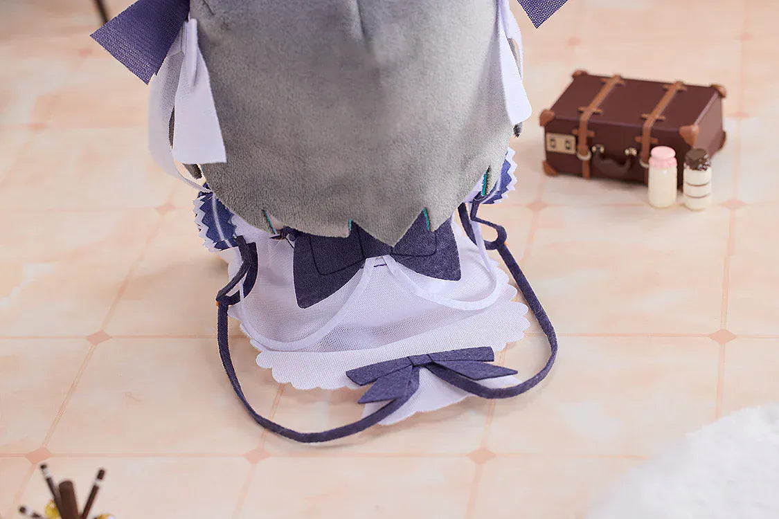 Azur Lane Cheshire Punipuni plushie with gray and teal hair, cat ears, embroidered eyes, and navy outfit sitting pose