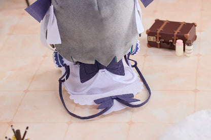 Azur Lane Cheshire Punipuni plushie with gray and teal hair, cat ears, embroidered eyes, and navy outfit sitting pose