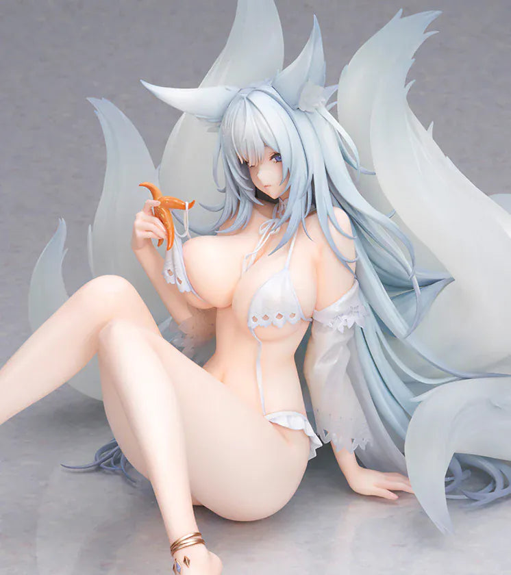 Azur Lane Shinano Dreamy White Sands Ver. 1/6 Scale Figure featuring Shinano seated with pale blue hair, fox ears, flowing tails, white outfit details, and beach-inspired styling.