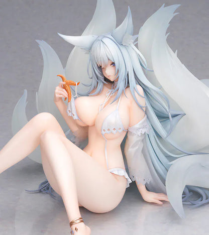Azur Lane Shinano Dreamy White Sands Ver. 1/6 Scale Figure featuring Shinano seated with pale blue hair, fox ears, flowing tails, white outfit details, and beach-inspired styling.