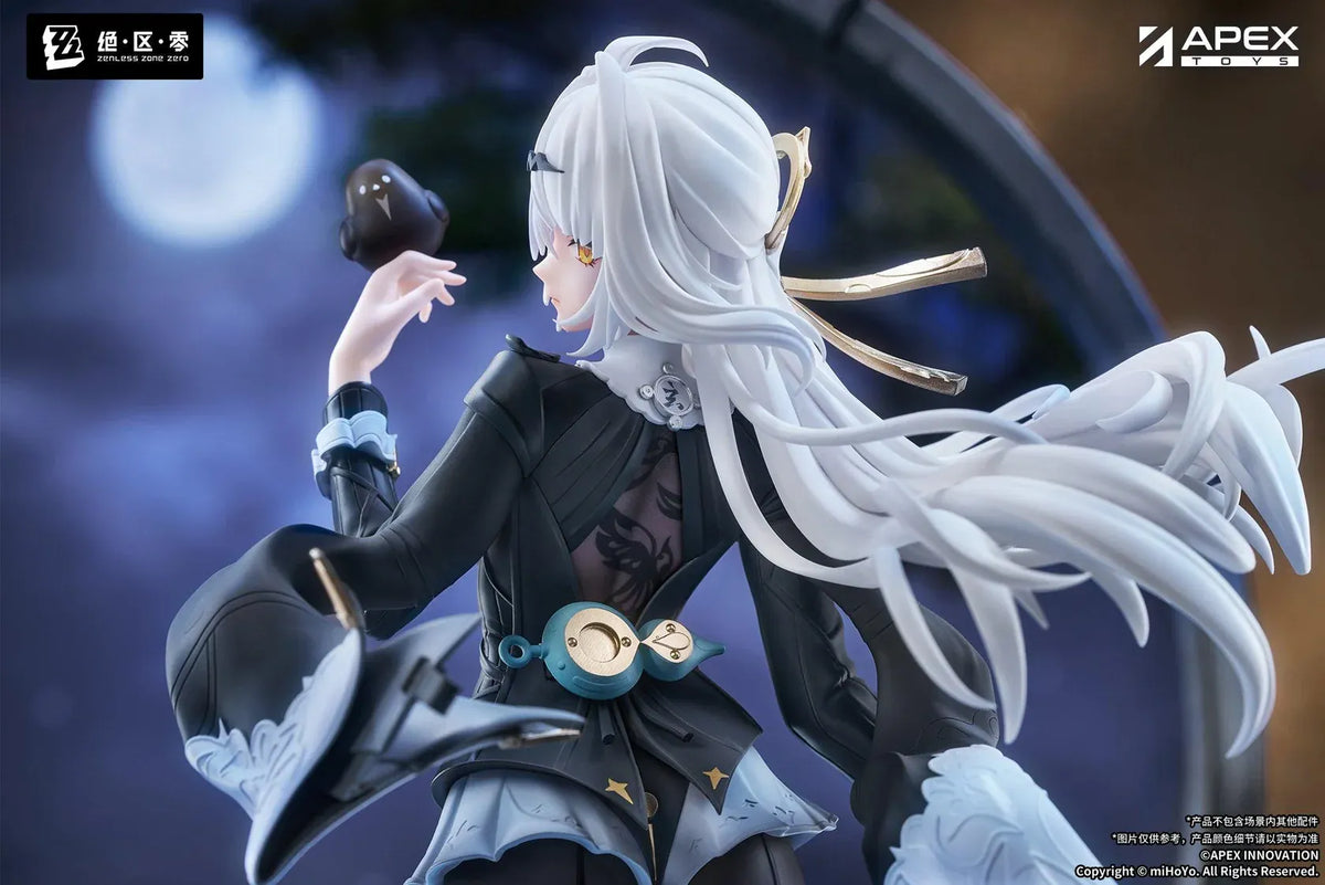 Zenless Zone Zero Limepie Yixuan Trails of Ink Ver. 1/8 Scale Figure by APEX Toys featuring a white-haired anime woman with golden eyes wearing a black outfit with white embroidered accents, sheer stockings, and black heels while holding a small brown bird on a circular display base.