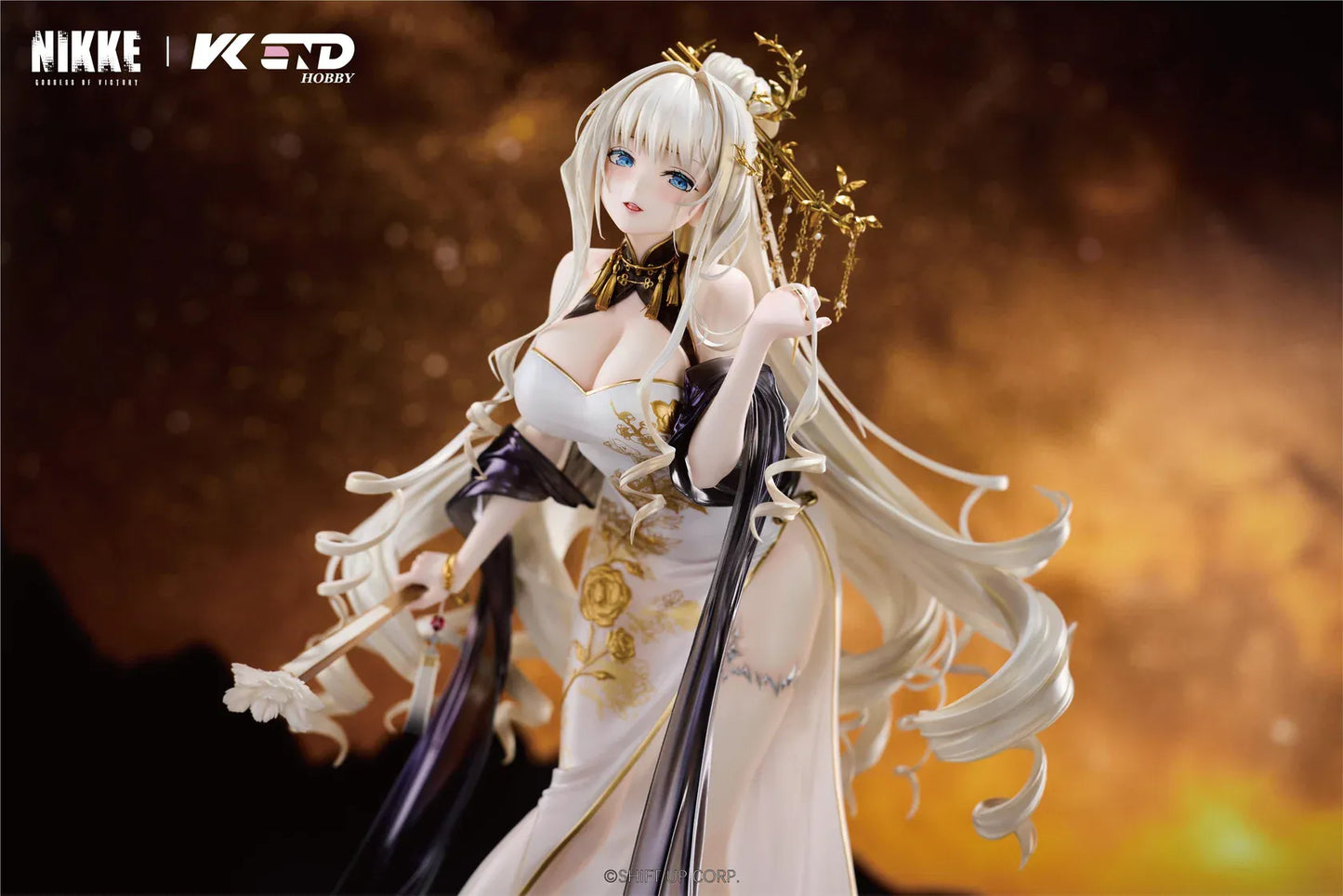 GODDESS OF VICTORY NIKKE Crown Glorious Flower 1/4 Scale Figure in an elegant white black and gold floral outfit