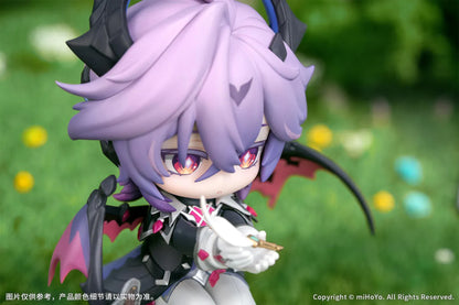 Genshin Impact Durin Floral Wanderings ver. with Bonus Non Scale Figure featuring Durin with lavender hair, horns, bat-like wings, books, companion illustration, and themed display base.
