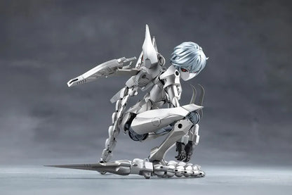 Megalomaria Unlimited Universe Wreckage Hunter model kit with white mechanical armor, a large rifle, weapon tail, and futuristic motorcycle.