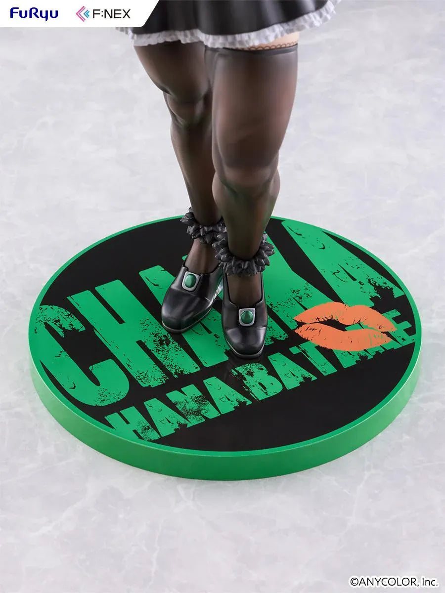 Hanabatake Chaika 1/7 Scale Figure by FuRyu F featuring a VTuber with tall black hair, green highlights, pointed ears, and a black and white maid outfit with white gloves, dark stockings, and black heels on a green circular display base.