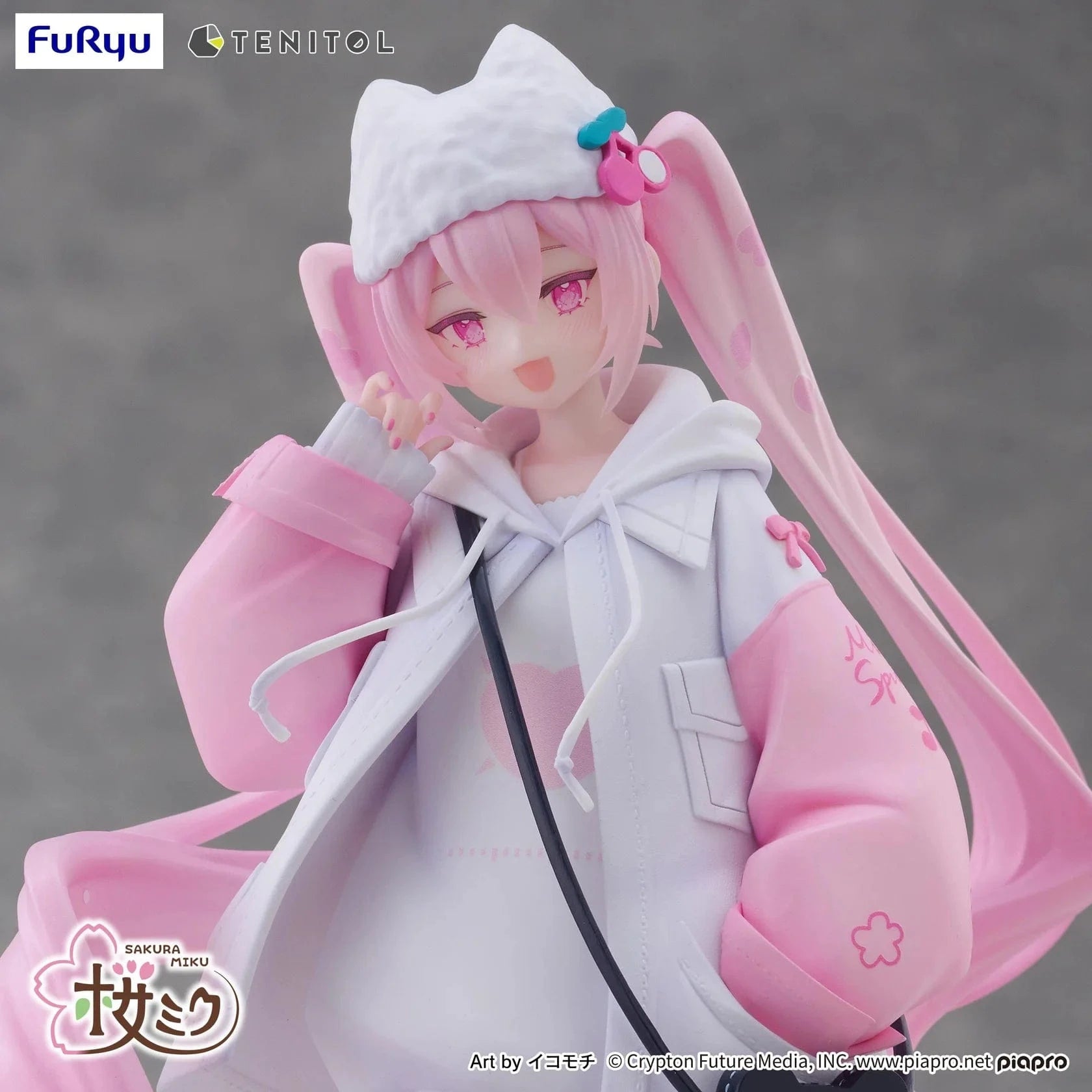 Vocaloid Tenitol Petit Sakura Miku Cool Style Figure featuring Sakura Miku in a pink and white hoodie outfit with twin-tails and a cat-shaped bag