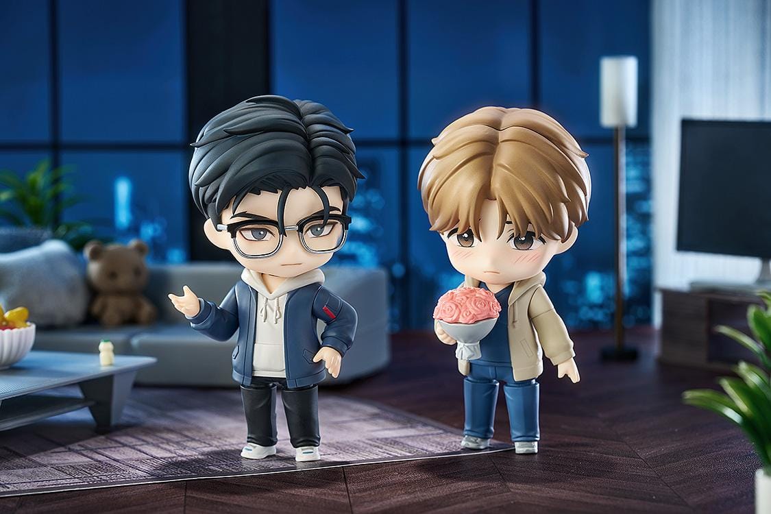 Jinx Nendoroid Joo Jaekyung and Kim Dan Figures featuring both characters in chibi-style designs with casual outfits and character accessories.
