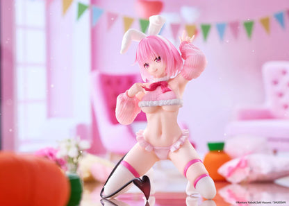 To Love-Ru Darkness MOFLOCK Momo Fluffy Bunny Ver. Figure featuring a pink-haired anime girl with pink eyes, white bunny ears, a pink fluffy bunny outfit, matching sleeves, white thigh-high stockings, and a black devil tail in a playful kneeling pose.