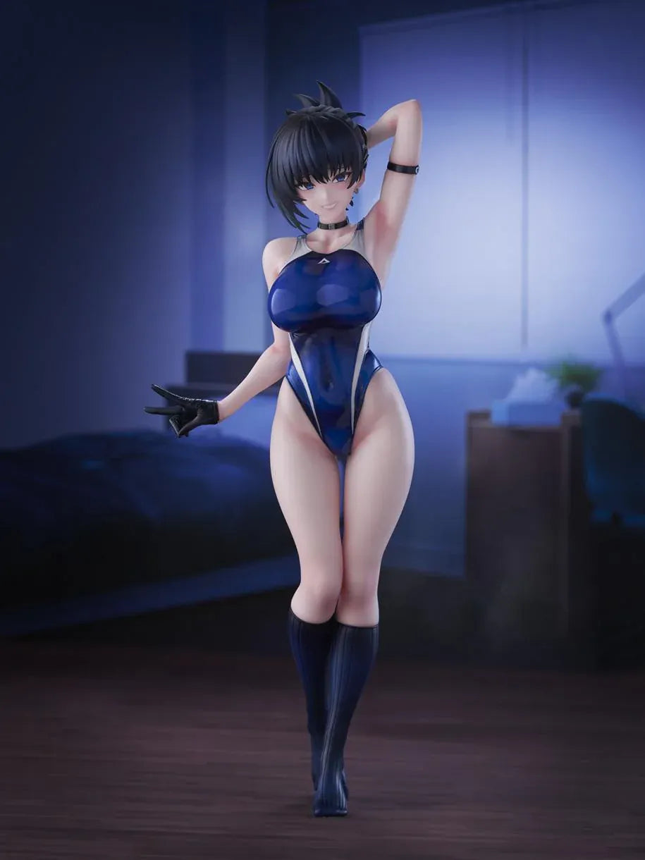 Sakura Aoba Umise 1/6 Scale Figure featuring Aoba Umise with short dark hair, blue eyes, glossy navy outfit, matching legwear, glove accents, and clear display base.