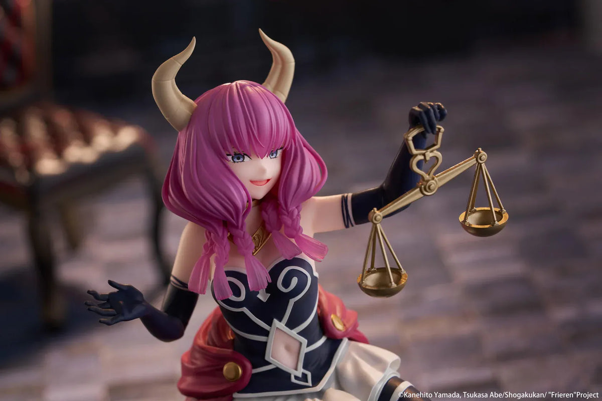 Desktop Cute Aura figure seated on a burgundy tufted stool, with purple hair, curved horns, a dark outfit, and golden balance scales held aloft.