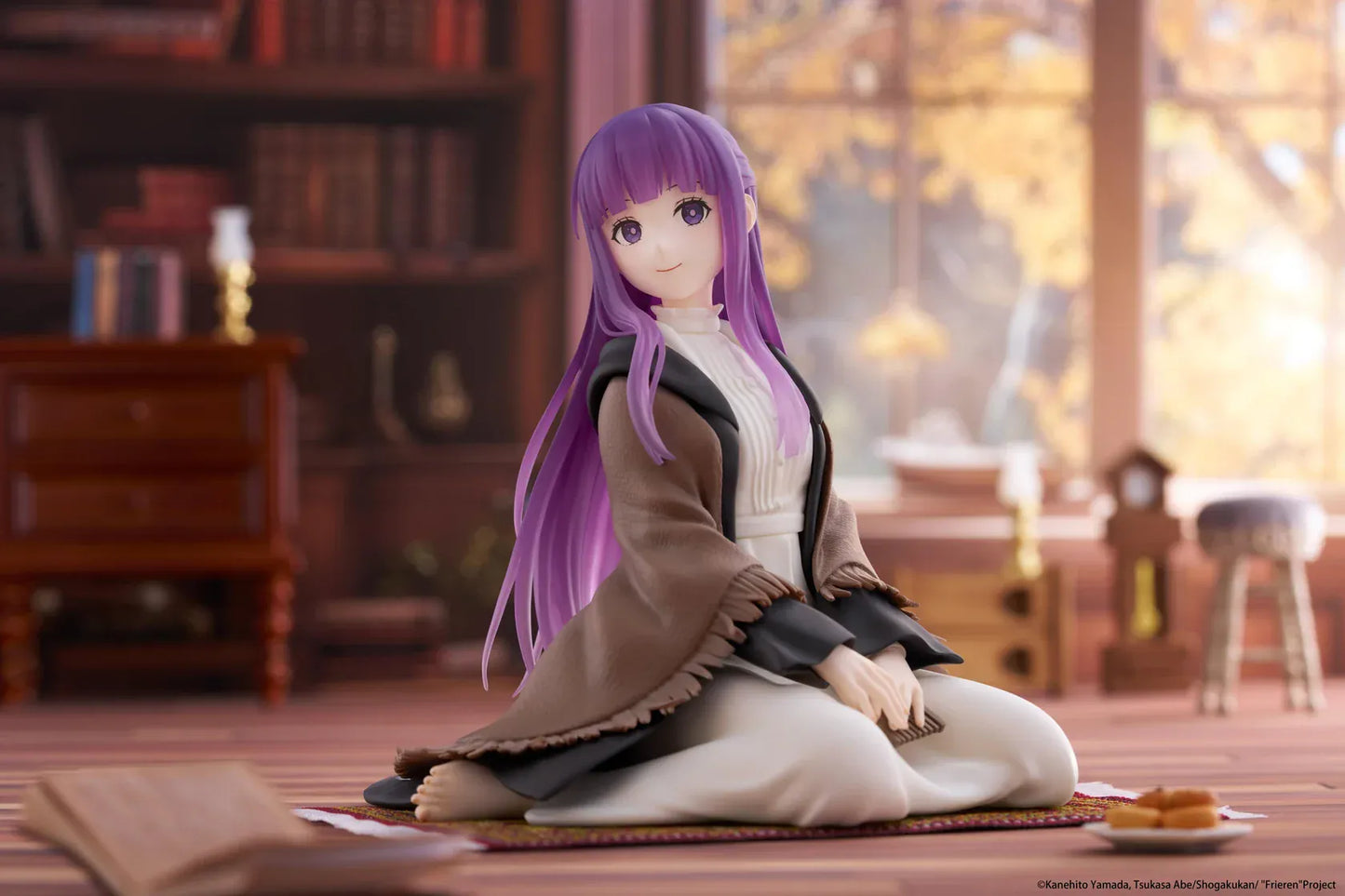 Frieren Beyond Journey's End Desktop Cute Fern Figure with purple hair wearing a shawl and white dress in a seated pose