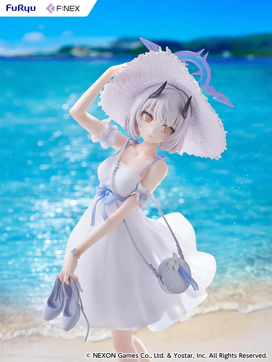 Blue Archive Sena Casual 1/7 Scale Figure featuring Sena with short silver hair, white dress, wide-brim hat, sandals in hand, and seaside-themed display base.