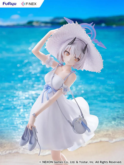 Blue Archive Sena Casual 1/7 Scale Figure featuring Sena with short silver hair, white dress, wide-brim hat, sandals in hand, and seaside-themed display base.
