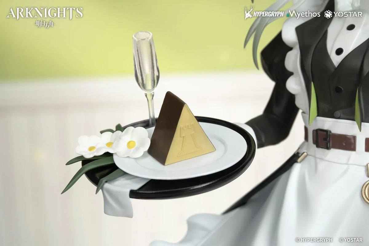 Kal'tsit The Remains of Time Ver. figure wearing a flowing black and white maid dress and holding a serving tray on a translucent green base.