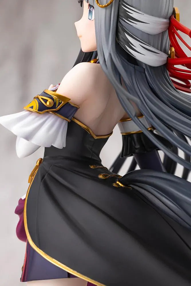 Umamusume Pretty Derby Chrono Genesis 1/7 Scale Figure featuring a silver-gray-haired horse girl with blue eyes, horse ears, and a flowing white, black, red, and gold racing outfit standing on a grassy display base.