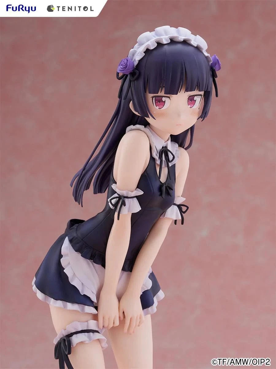 Oreimo Tenitol Tall Kuroneko Swimsuit Maid Ver. Figure featuring Kuroneko in a black-and-white maid swimsuit posing shyly by a dessert table with a beach backdrop