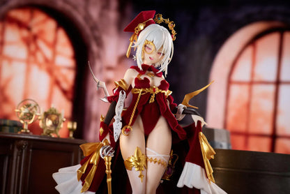 Alchemist Formal Dress Ver. 1/7 Scale Figure featuring a white-haired character in a red formal dress with gold accessories, ornate staff, cape, and red display base.